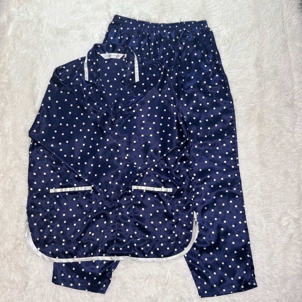 Vintage 90's Victoria's Secret Satin Set Large Navy Polka Dot Sleep Shirt Pants